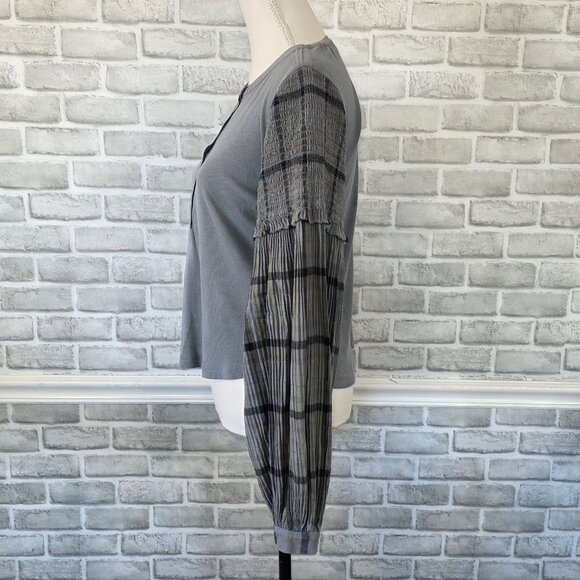 Pilcro Anthropologie The Andie Ribbed Henley Top L Plaid Smocked Pleated Whimsyg - Picture 3 of 9